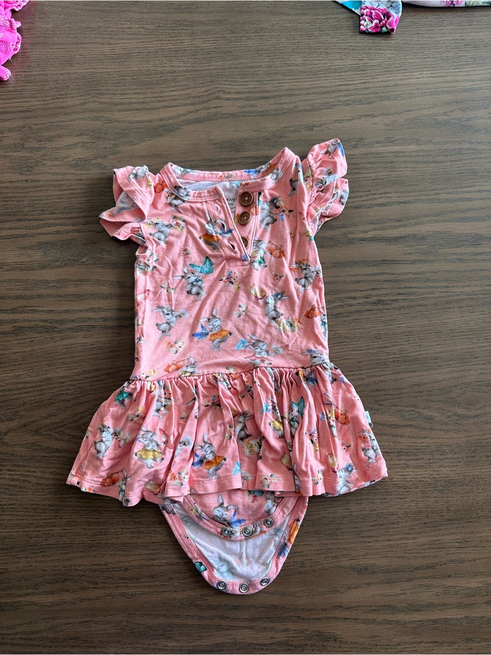 Posh Peanut Coral Pink Bunny Print Romper